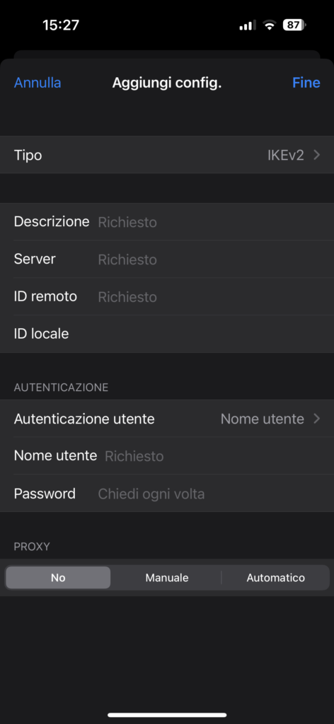 Pagina di configurazione VPN