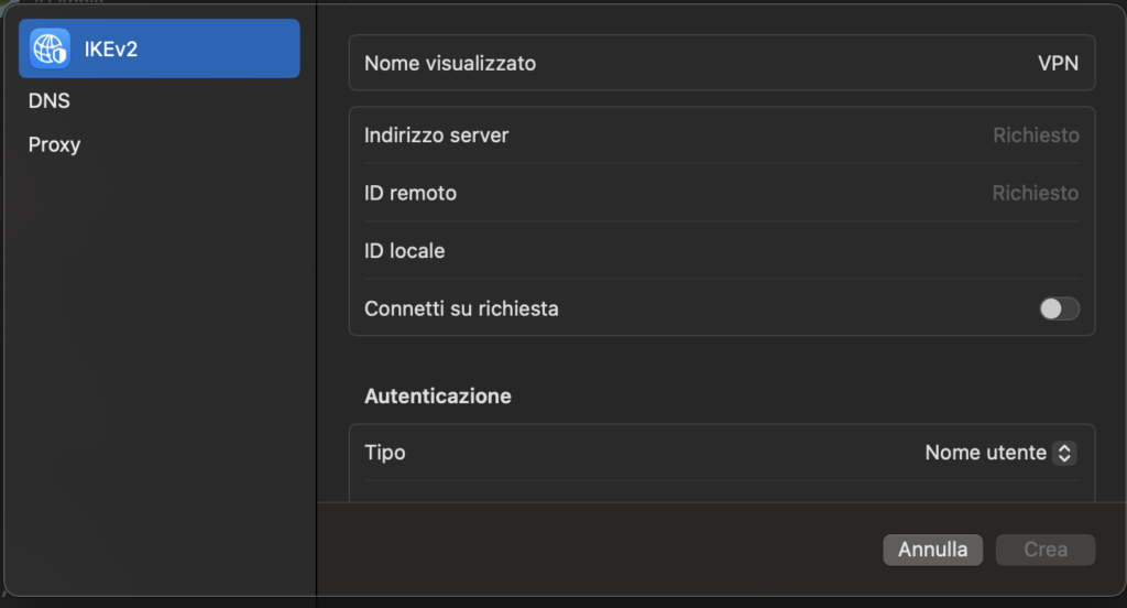 Schermata di configurazione VPN su MacOS parte 2