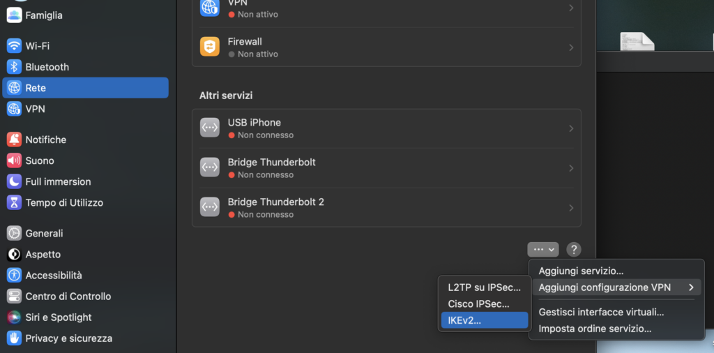 Schermata di configurazione VPN su MacOS